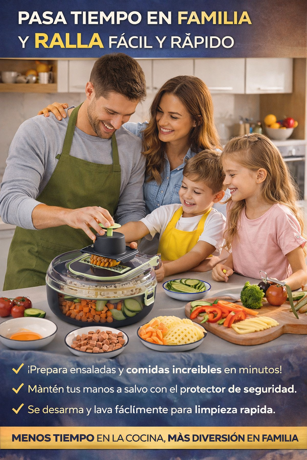 Juego de picador de verduras de mano 8 en 1 - 8 cuchillas intercambiables para picar, rallar y cortar como una experta.
