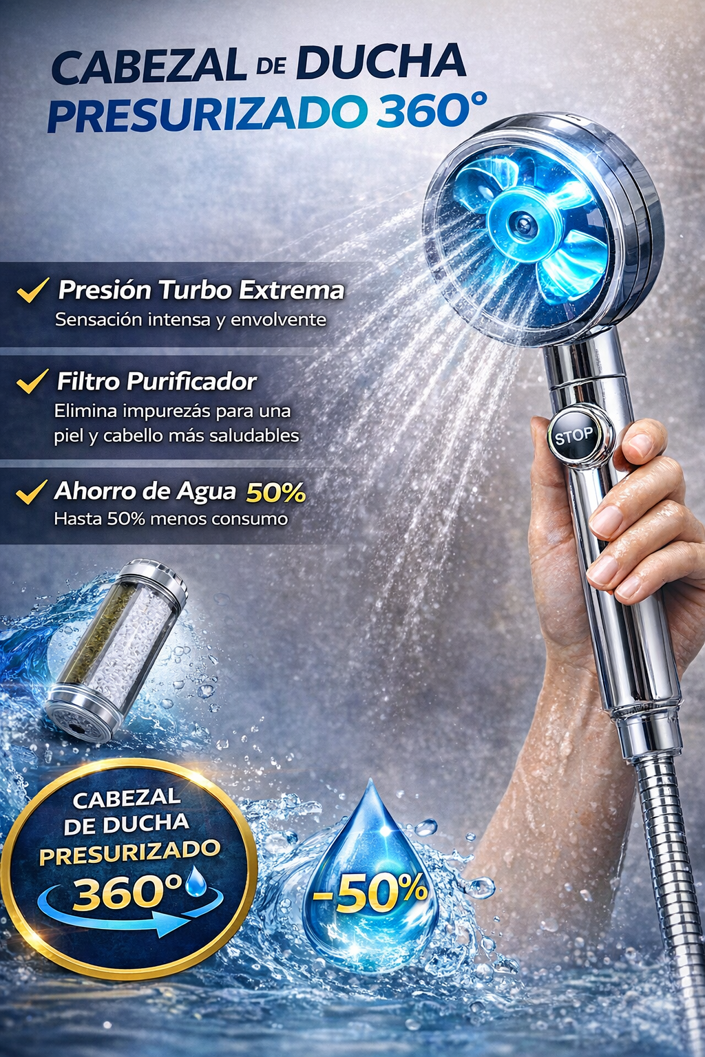 Ducha giratorio alta presión 360º - Elimina impurezas, óxido y bacterias, protegiendo tu piel de irritaciones